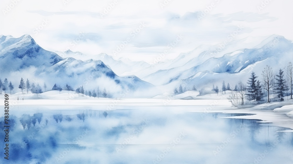 A painting depicting snow-covered mountains towering over a serene lake, capturing the tranquility of a winter landscape. Generative AI
