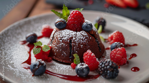 Chocolate lava cake in plate with berry fruit