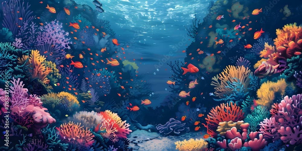 Vibrant Underwater Coral Reef Teeming with Diverse Marine Life in a Lush Colorful Seascape