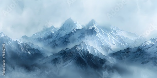 Ethereal Foggy Mountain Landscape with Mysterious Peaks Barely Visible Through the Mist Creating a Sense of Wonder and Tranquility