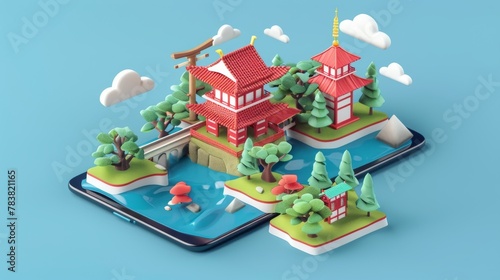 Japan tourism application in three-dimensional  isometric projection.