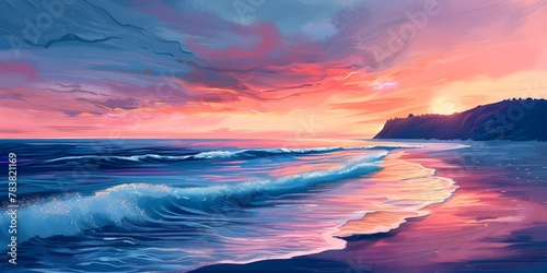 Captivating Sunset over Tranquil Coastal Seascape with Gentle Waves Lapping the Shore