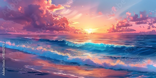 Breathtaking Sunset Over Tranquil Tropical Beach with Crashing Waves and Vibrant Sky Reflections