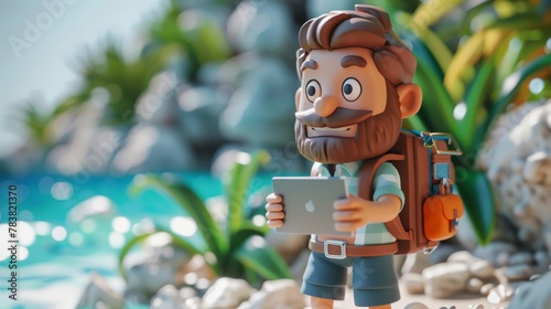 Adventurous 3D Character with Tablet in Tropical Setting