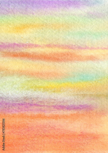 Seamless pattern with sunset. Watercolor paper texture. Purple, bule, yellow, orange color background.