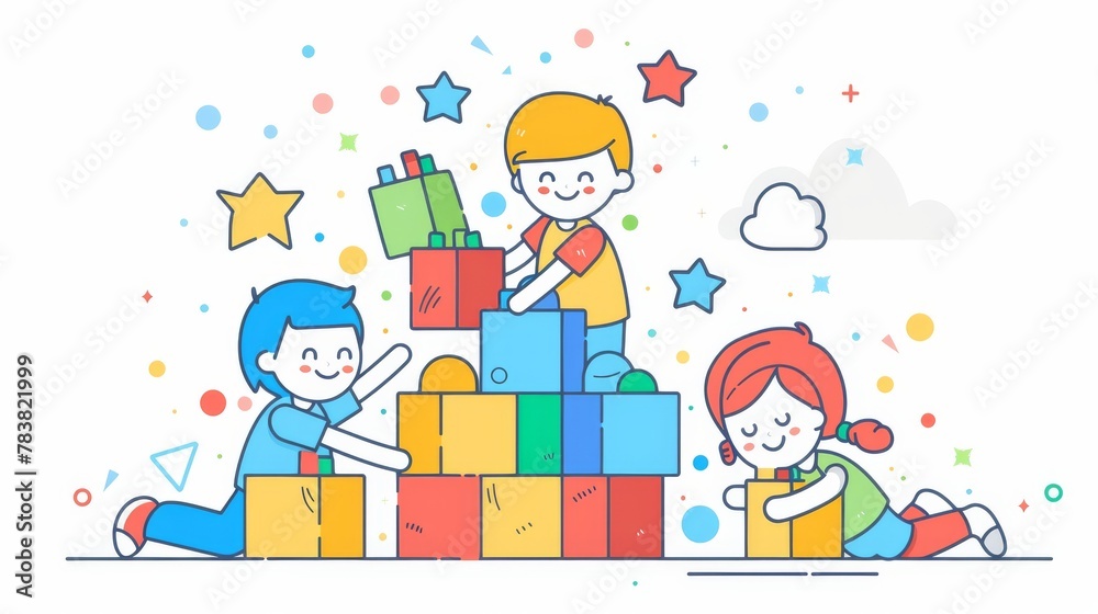 Playing with colorful building blocks is a line art depiction of cute children