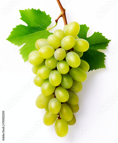 Green grape bunch with leaves isolated on white background
