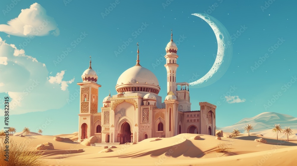 Arabesque moon decorations decorate a desert mosque