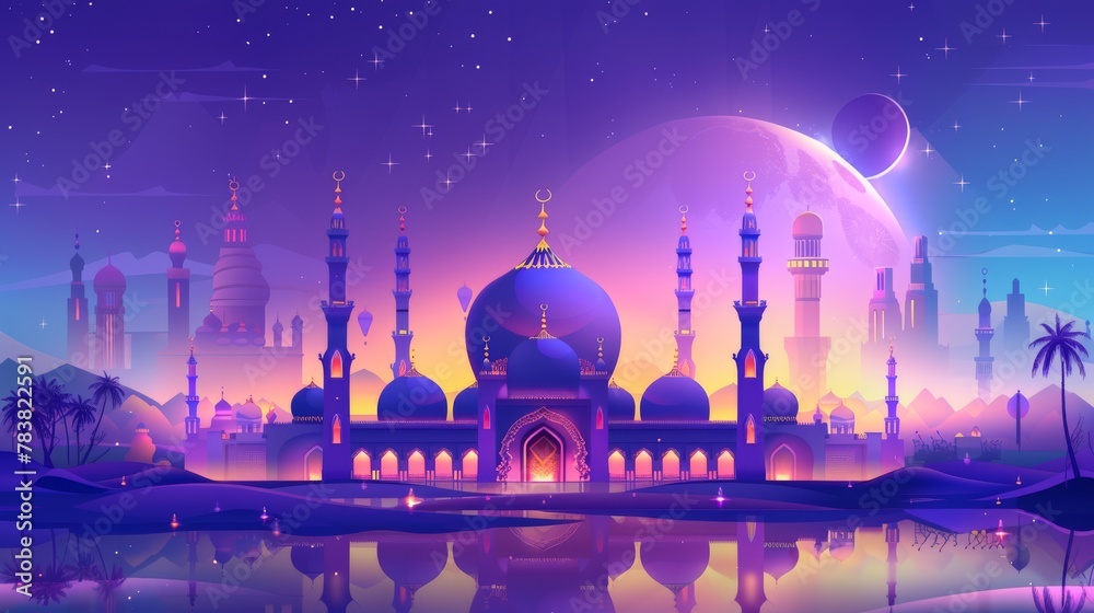 The word Ramadan kareem means generous holiday with colorful mosques in the nighttime desert. - obrazy, fototapety, plakaty 