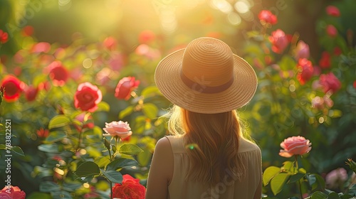 banner background National Gardening Day theme, and wide copy space, A woman in a sun hat pruning rose bushes in a sunny garden, for banner, 