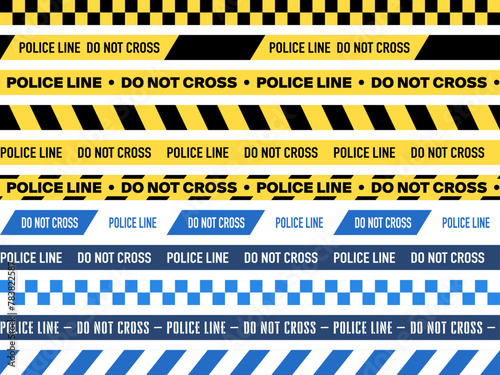 Vector Police Warning Line Designs, Yellow and Blue Variations, Seamless Pattern. Attention, Do Not Cross Graphics Isolated on White Background