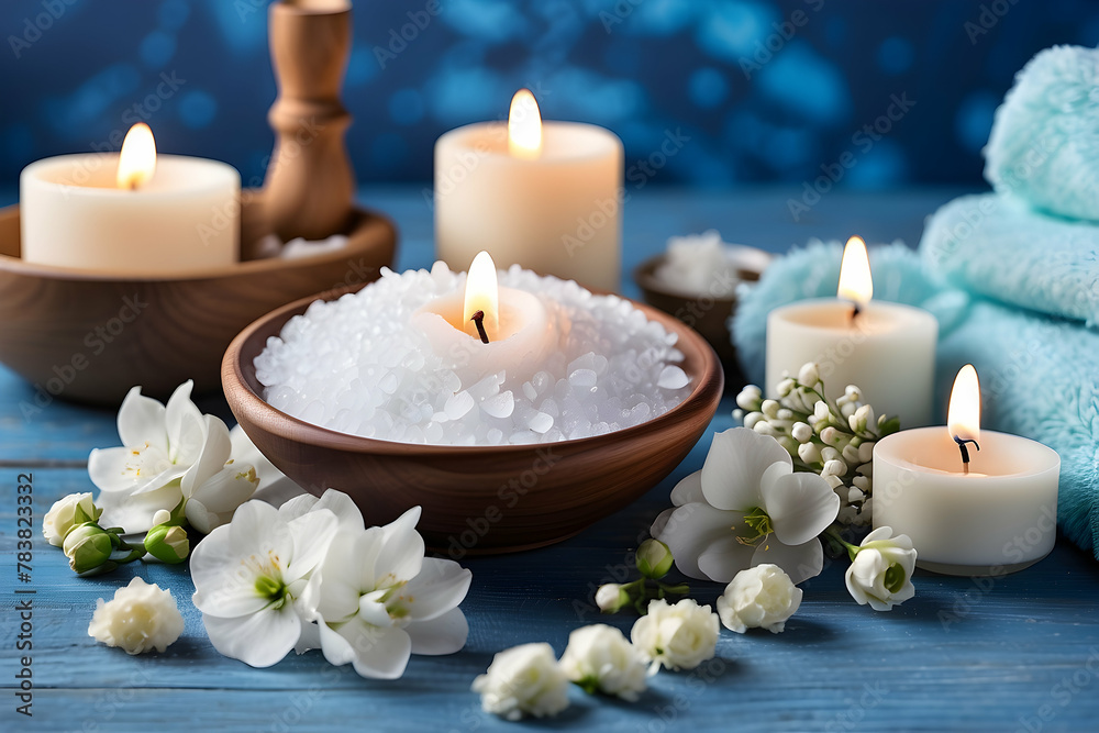 An inviting spa scene with lit candles, bath salts, and white flowers on a blue background