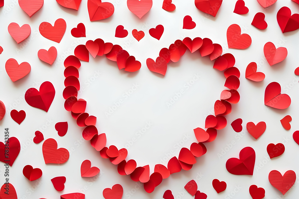 A romantic and creative display of various red hearts forming a large heart, symbolizing love and affection