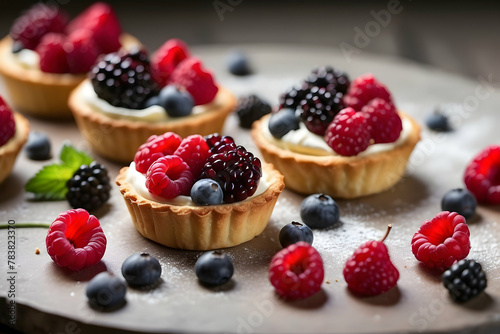 An array of inviting fresh berry tartlets with creamy filling on a rustic slate backdrop, great for dessert menus