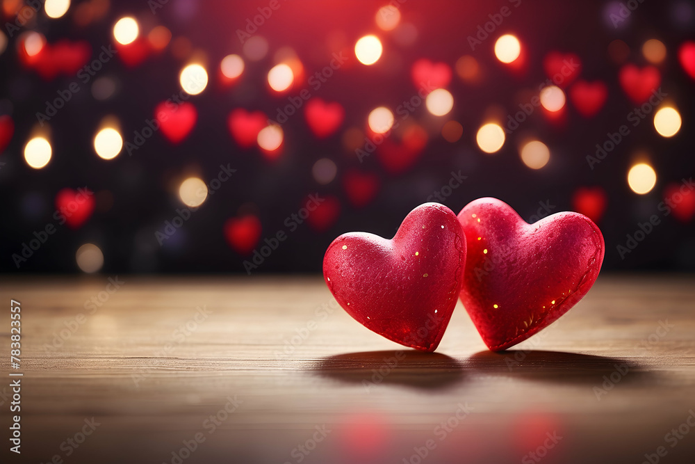 A romantic and evocative image of two red hearts leaning together with a magical bokeh light background symbolizing love and connection