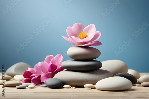 Serene arrangement of smooth balancing stones with a pink lotus flower on wooden surface against a blue backdrop
