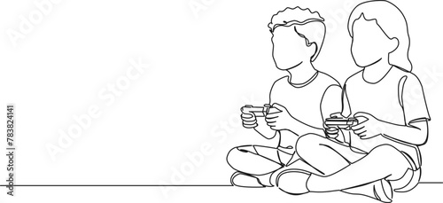 continuous single line drawing of two kids playing video games, line art vector illustration