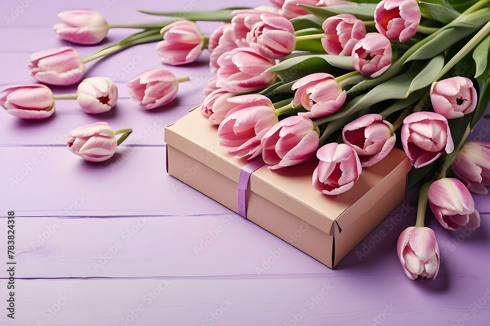Elegant pink tulips with delicate petals next to a chic gift box on a purple wooden background, suggesting a thoughtful present
