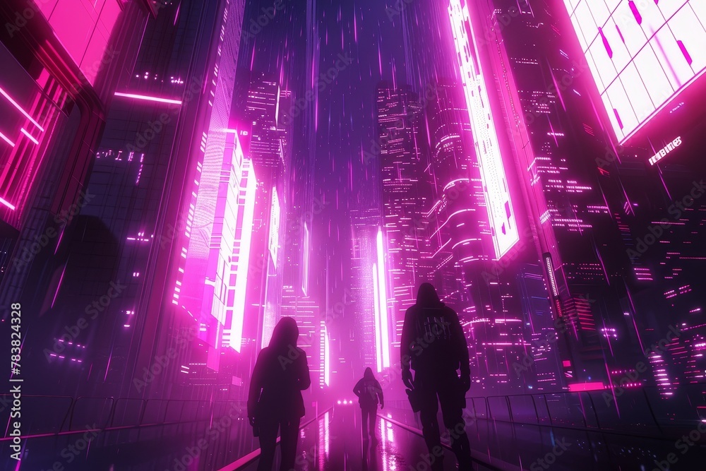 Futuristic cyberpunk cityscape with people walking under neon lights in a rain shower
