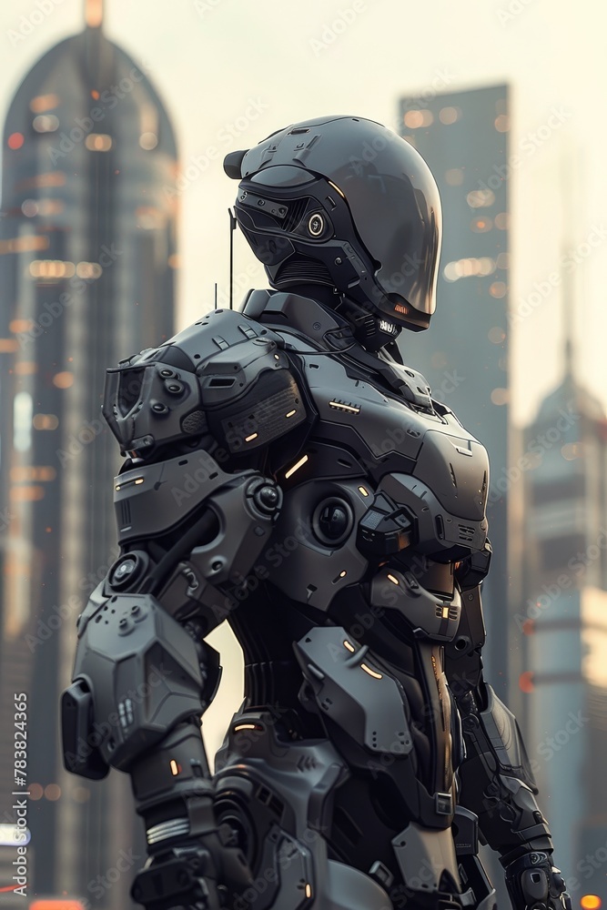 Robot Sentinel Overlooking a Futuristic Utopian Cityscape in a Dystopian World Robot Sentinel Overlooking a Futuristic Utopian Cityscape in a Dystopian World