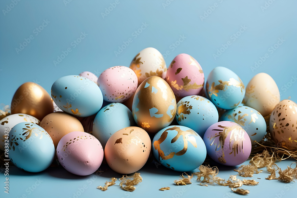 A collection of pastel-colored Easter eggs with gold paint details arranged nicely on a blue background A collection of pastel-colored Easter eggs with gold paint details arranged nicely on a blue background