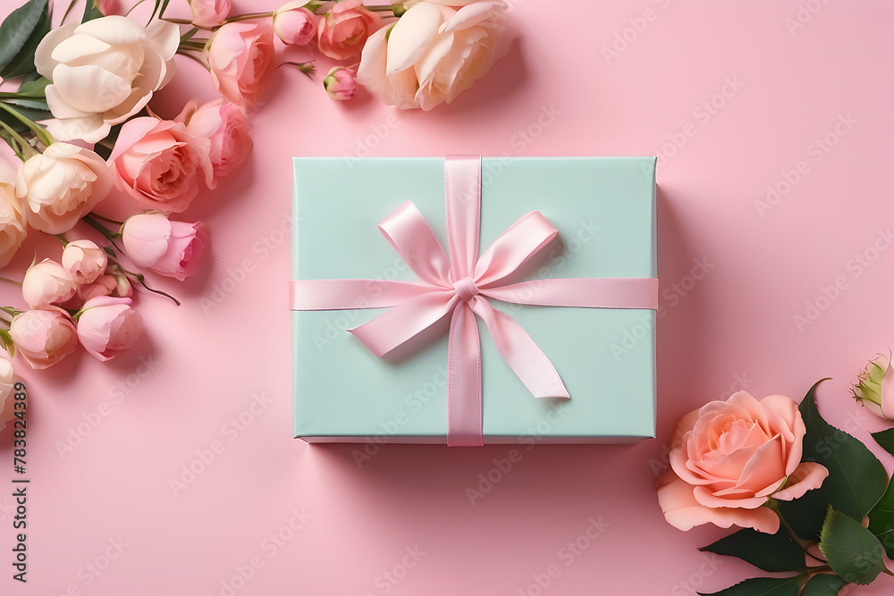 A beautifully wrapped mint gift box with a pink ribbon amongst scattered roses signifies gift-giving and heartfelt gestures on a pink background - obrazy, fototapety, plakaty 