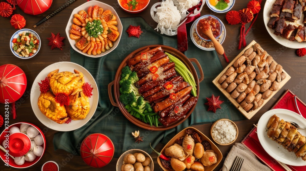 A top view of traditional lavish dishes for the Chinese new year, inside the text Spring, translated from the Chinese word reunion. - obrazy, fototapety, plakaty 