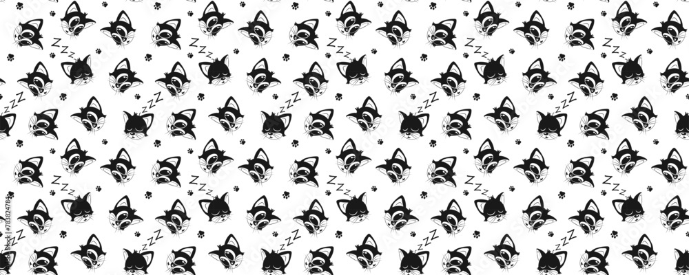 Seamless pattern of cat heads. Sleeping cats. Vector illustration