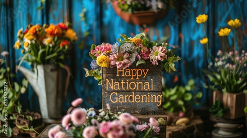 banner background National Gardening Day theme, and wide copy space, A rustic wooden sign with the words "Happy National Gardening Day" surrounded by flowers, 