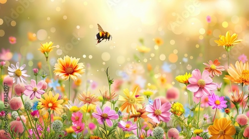 banner background National Gardening Day theme, and wide copy space, A cheerful cartoon bee buzzing around colorful flowers in a garden,