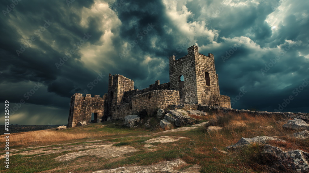 Towering Stone Fortress Against Dramatic Stormy Sky, Majestic Medieval Citadel