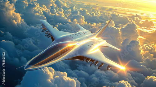 Modern jetfighter at high speed flying above the clouds. photo