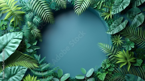   A blue backdrop bearing numerous green leaves  a circular hole with a blue core encircled by smaller verdant leaves