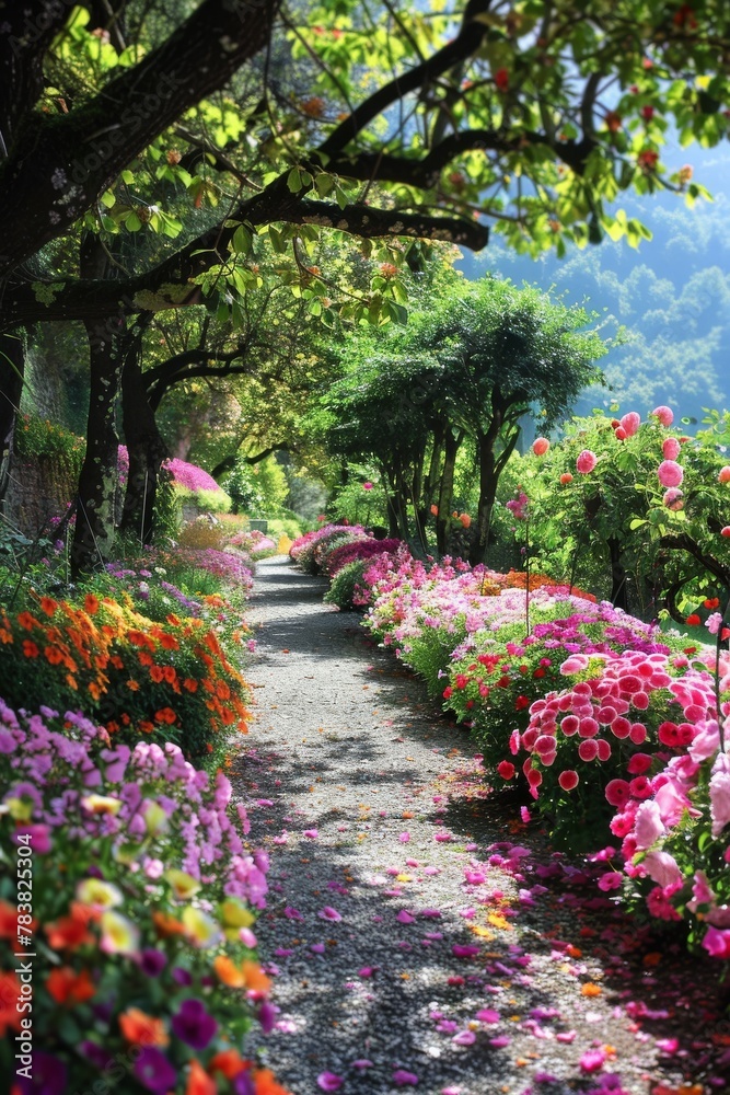 Breathtaking garden path lined with vivid flowers and foliage under a bright sky