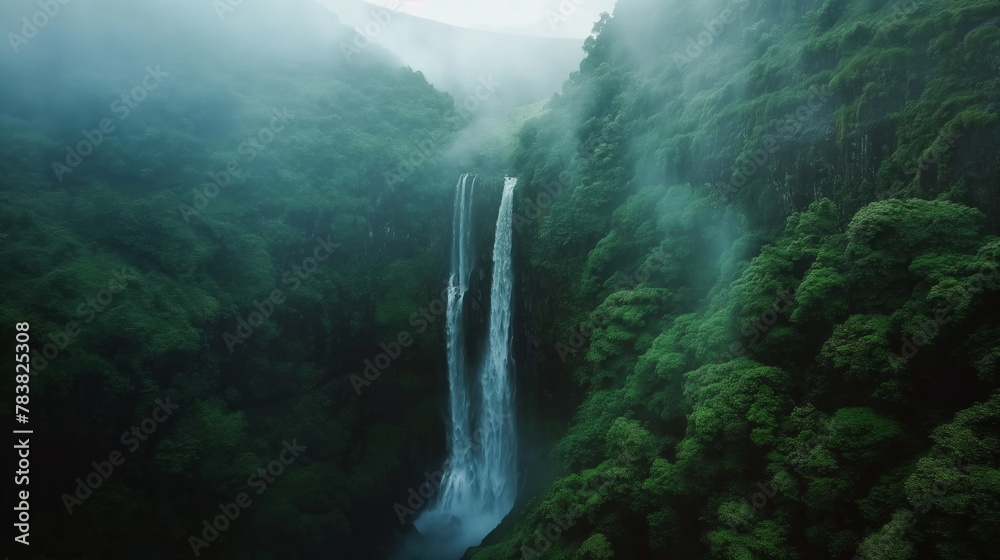 Breathtaking waterfall cascading down lush green mountainside, Nature Beauty - obrazy, fototapety, plakaty 