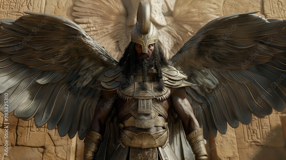 Ninurta, hero god, man in his mid 30s, clad in armor, and wings, Sumerian Mythology - obrazy, fototapety, plakaty 