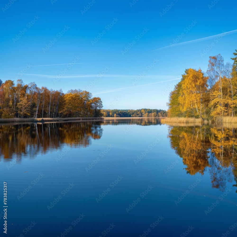 Tranquil lake with autumn trees reflecting in the water, creating a mirror image under a serene blue sky