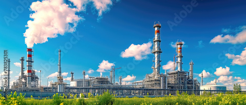 Oil refinery factory panorama, overall view of oil and gas installation.
