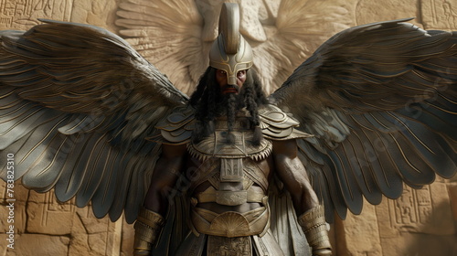 Ninurta, hero god, man in his mid 30s, clad in armor, and wings, Sumerian Mythology
