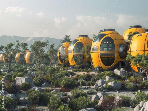 Futuristic habitation pods nestled in a desert landscape, evoking a colonized planet's base camp © Saranpong