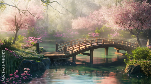 Peaceful Zen Japanese Garden with a wooden bridge and blooming cherry blossoms