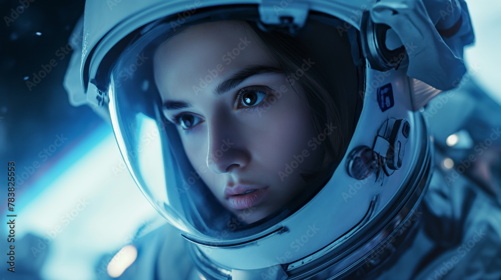 Woman Astronaut with a focused gaze amidst a chaotic space scenario, reflecting urgency and determination