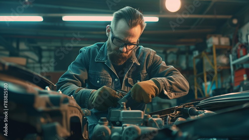Skilled Mechanic Repairing Engine, Expert Technician Working on Car Repair in Garage