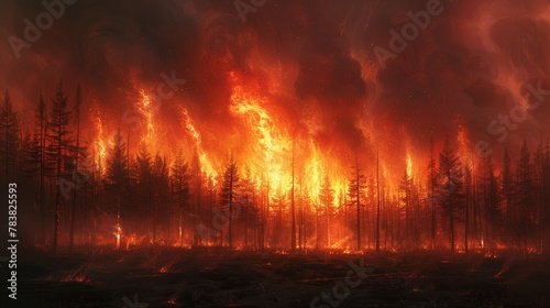   A fire engulfs a forest, emitting copious amounts of red and orange smoke and fiery tree limbs