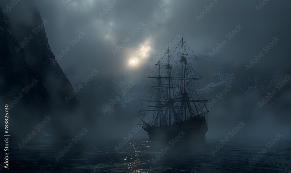 galleon approaching a pirate cove skull island, dark atmospheric flyer, phase space, fog, mist, sundown galleon approaching a pirate cove skull island, dark atmospheric flyer, phase space, fog, mist, sundown