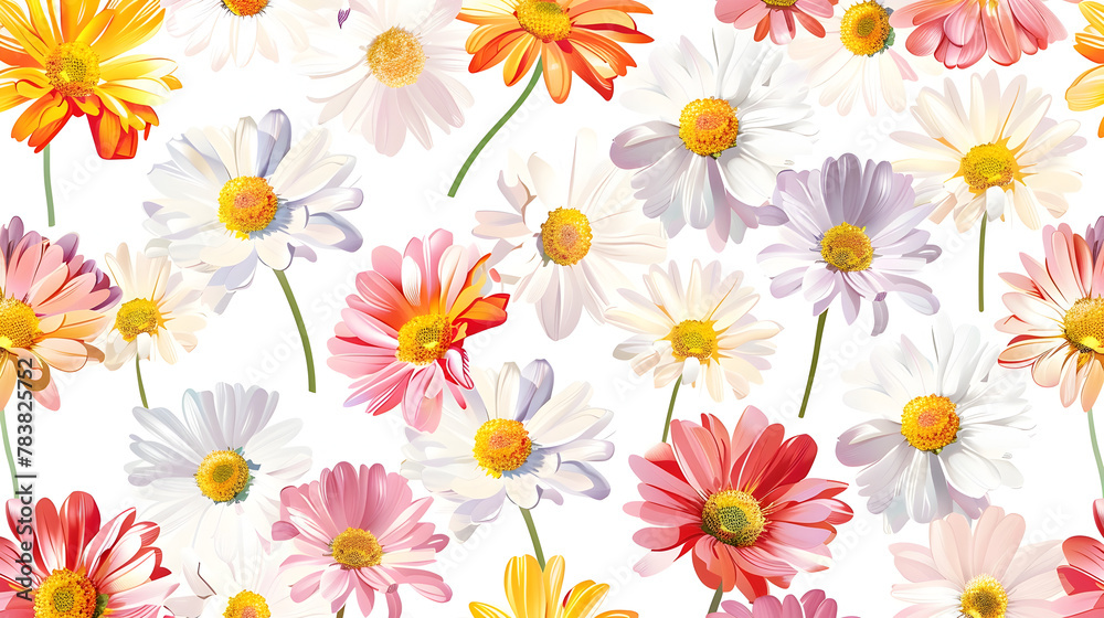 Vibrant Seamless Pattern of Colorful Daisies on White Background for Springtime Decor