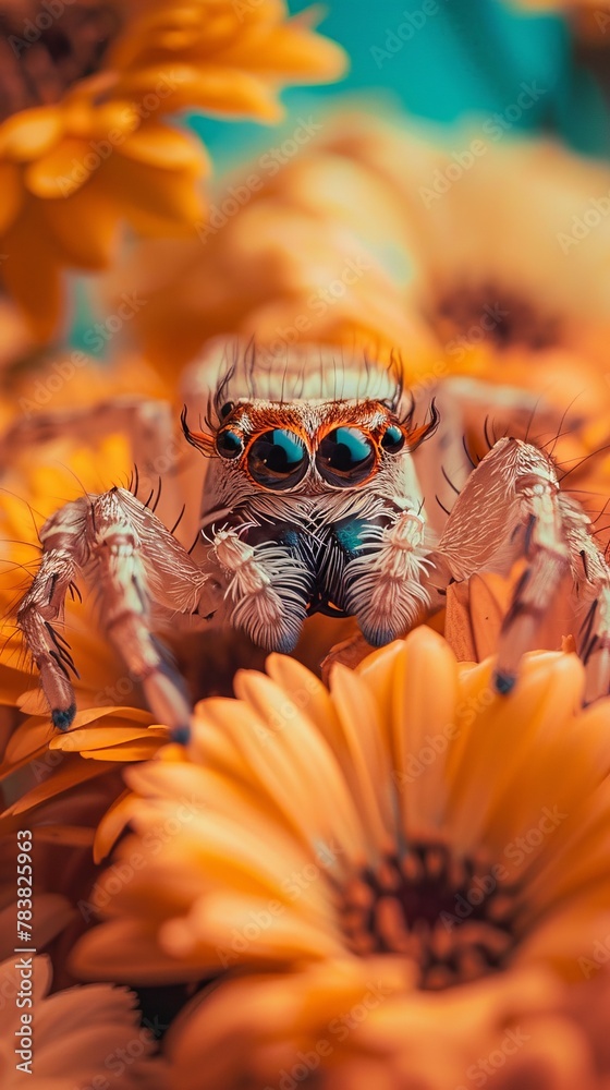 Friendly jumping spider in a field of sunflowers, with striking orange eyes and intricate details, showcasing nature's marvel
