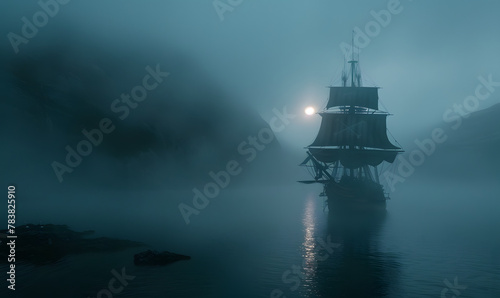galleon approaching a pirate cove skull island, dark atmospheric flyer, phase space, fog, mist, sundown