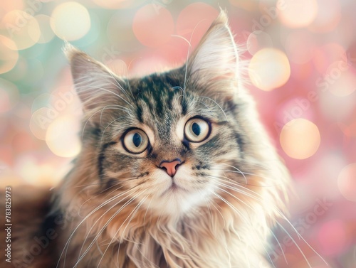 Curious Maine Coon cat with detailed fluffy fur and penetrating gaze, set against a colorful bokeh backdrop