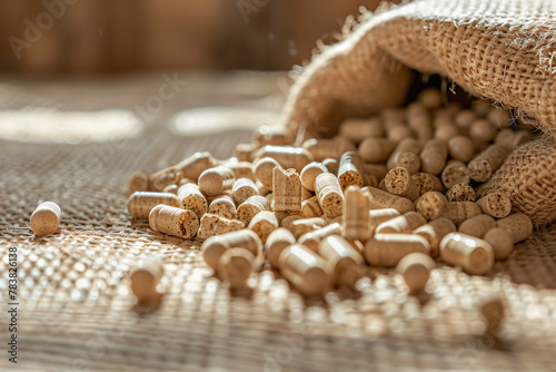 Wooden Biomass Pellets Spilling from Burlap Sack on Rustic Background photo